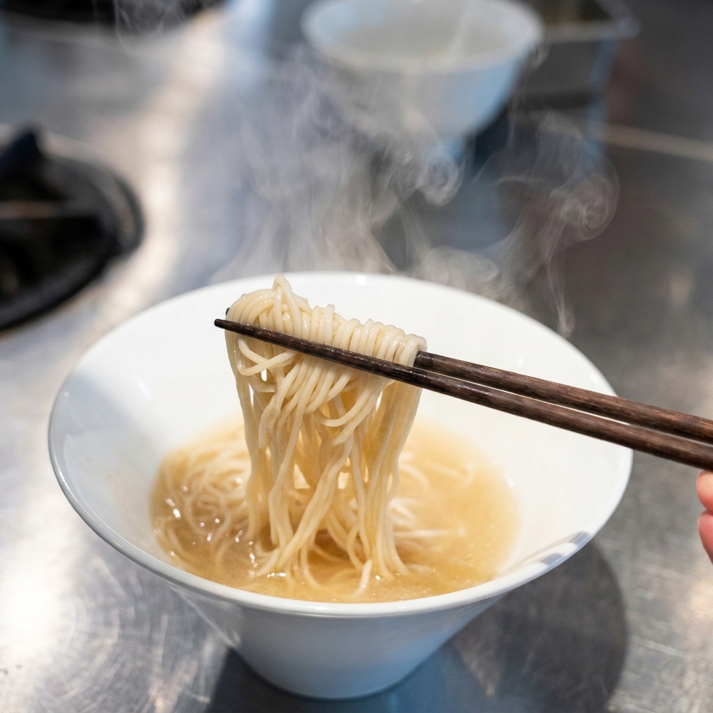 Un manojo de fideos de ramen humeantes siendo levantados y acomodados con palillos de madera oscuros dentro de un cuenco blanco con caldo.