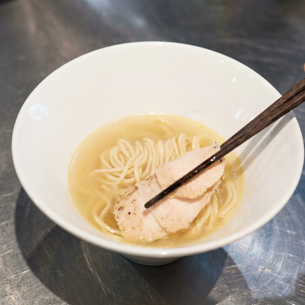 Palillos colocando una rodaja de pechuga de pollo tierna sobre un lecho de fideos ramen en un cuenco con caldo.