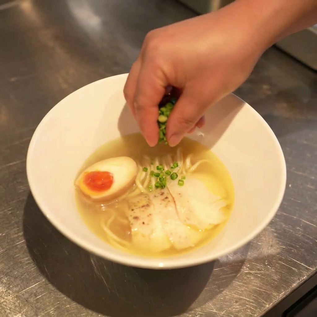 Primer plano de una mano espolvoreando cebolleta verde finamente picada sobre un cuenco de Ramen Shio de Pollo ya montado.