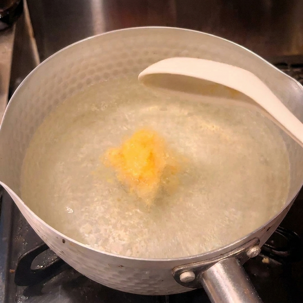 Una cucharada de caldo de pollo en polvo amarillo se añade a una olla de agua hirviendo para crear una sopa de ramen clara.