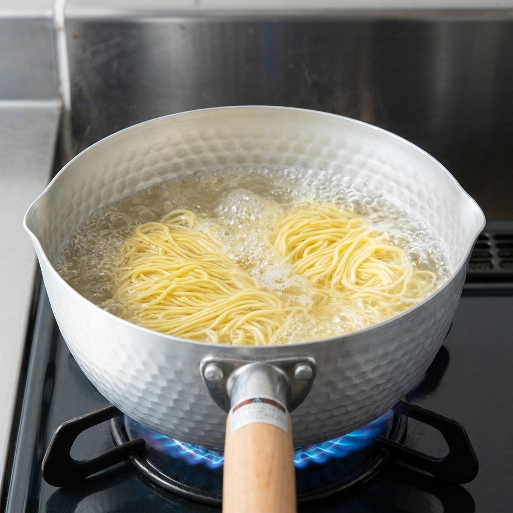 Un fajo de fideos ramen amarillos finos cociéndose en una olla de agua hirviendo a borbotones.