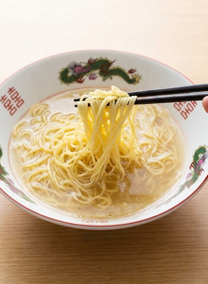 Primer plano de fideos ramen cocidos que se colocan con cuidado con palillos en un bol de caldo dorado caliente y claro.