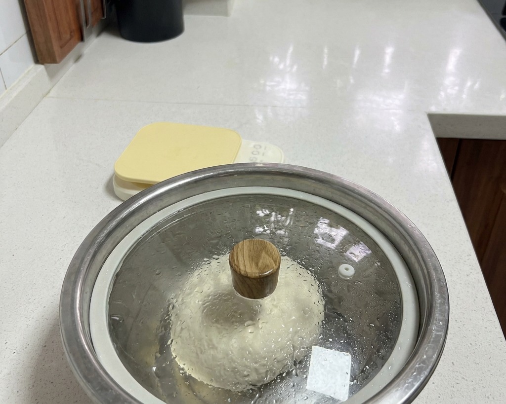 Un bol de acero inoxidable con masa, cubierto con una tapa de cristal y con condensación visible en el interior.