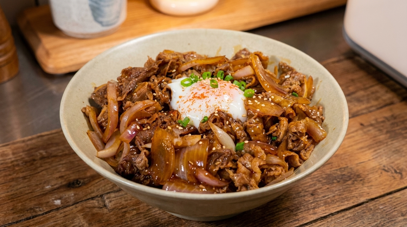 Gyudon Japonés: Receta de Ternera con Huevo Onsen