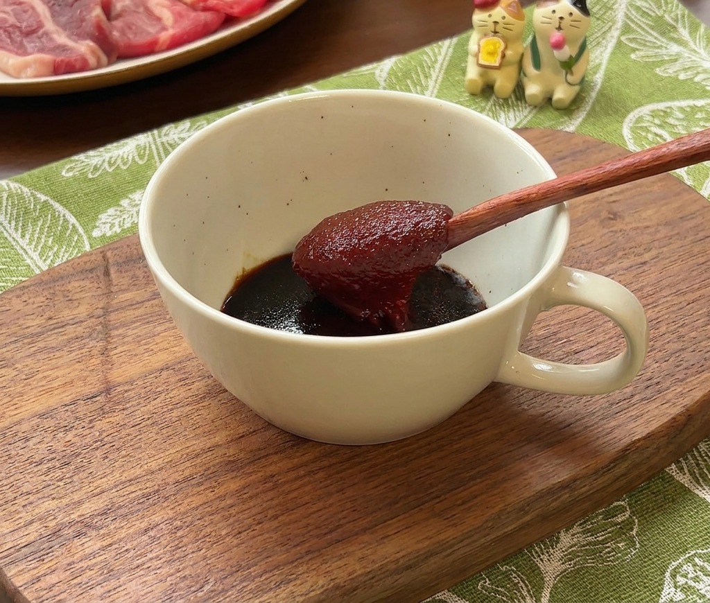 Una cuchara de madera sosteniendo una porción de pasta de chile roja espesa sobre un bol de cerámica blanca con los ingredientes de la salsa.