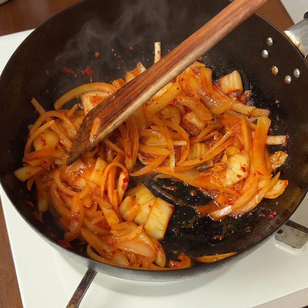 Una cuchara de madera removiendo cebolla troceada y kimchi rojo en una sartén caliente.