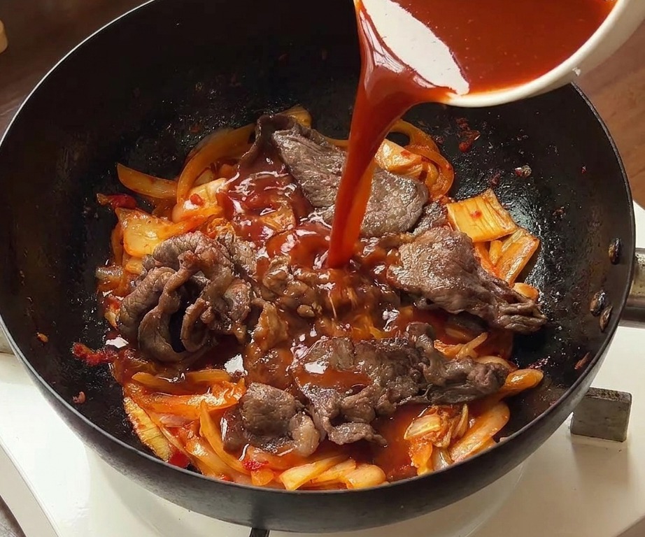 Una persona vertiendo una vibrante salsa de chile roja desde un bol blanco a un wok negro con ternera, cebolla y kimchi.