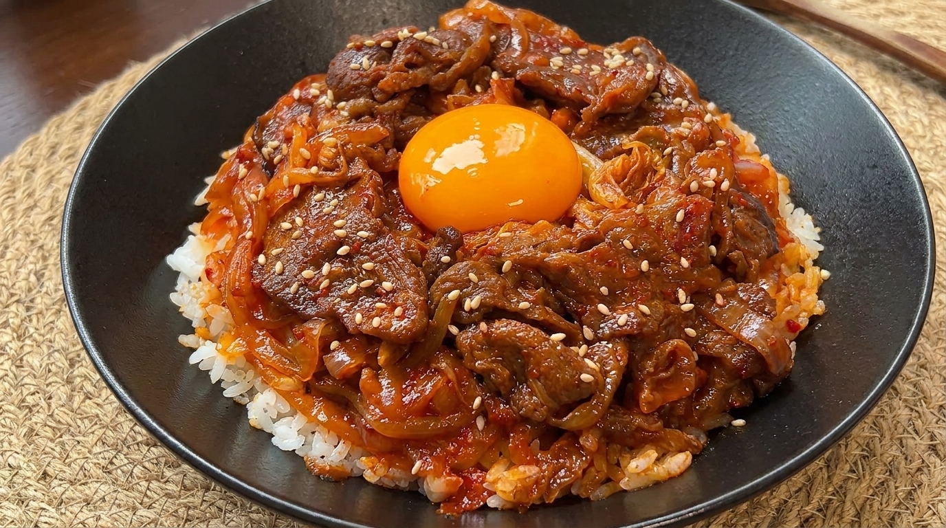 Bol de Arroz con Ternera y Kimchi con Yema de Huevo