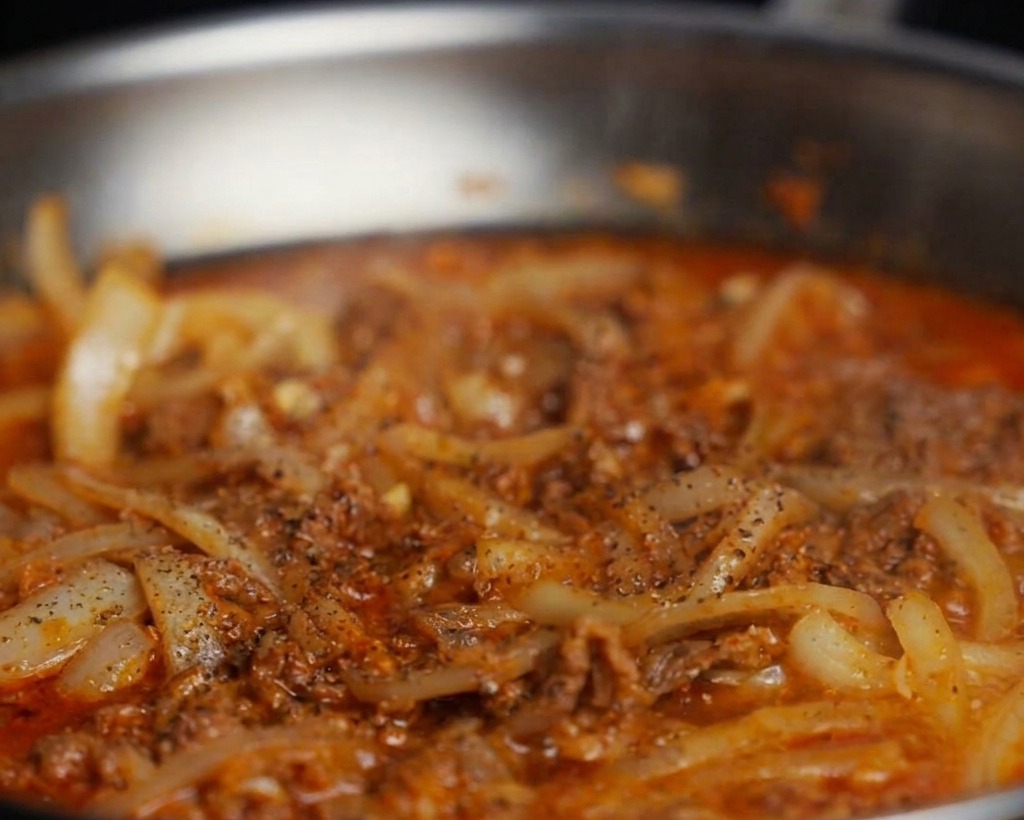 Semillas de sésamo blanco espolvoreándose sobre una sartén hirviendo con ternera, cebolla y kimchi.