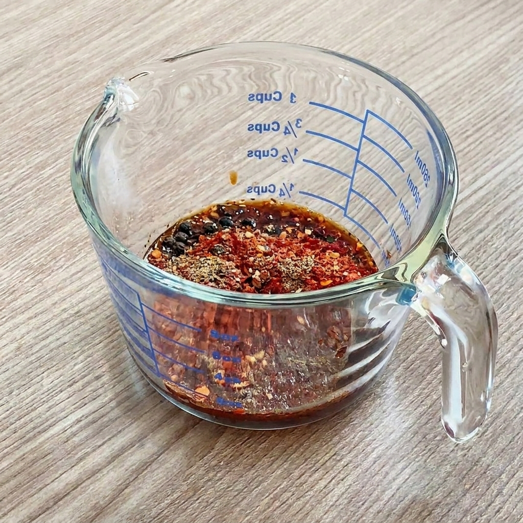 Una jarra medidora de cristal con copos de chile, pimienta, salsa de soja y pasta de chile coreana.