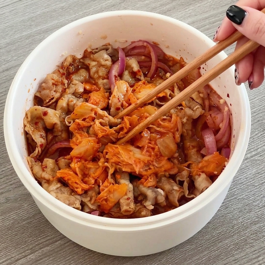 Palillos mezclando ternera, cebolla roja y kimchi en una salsa roja brillante.