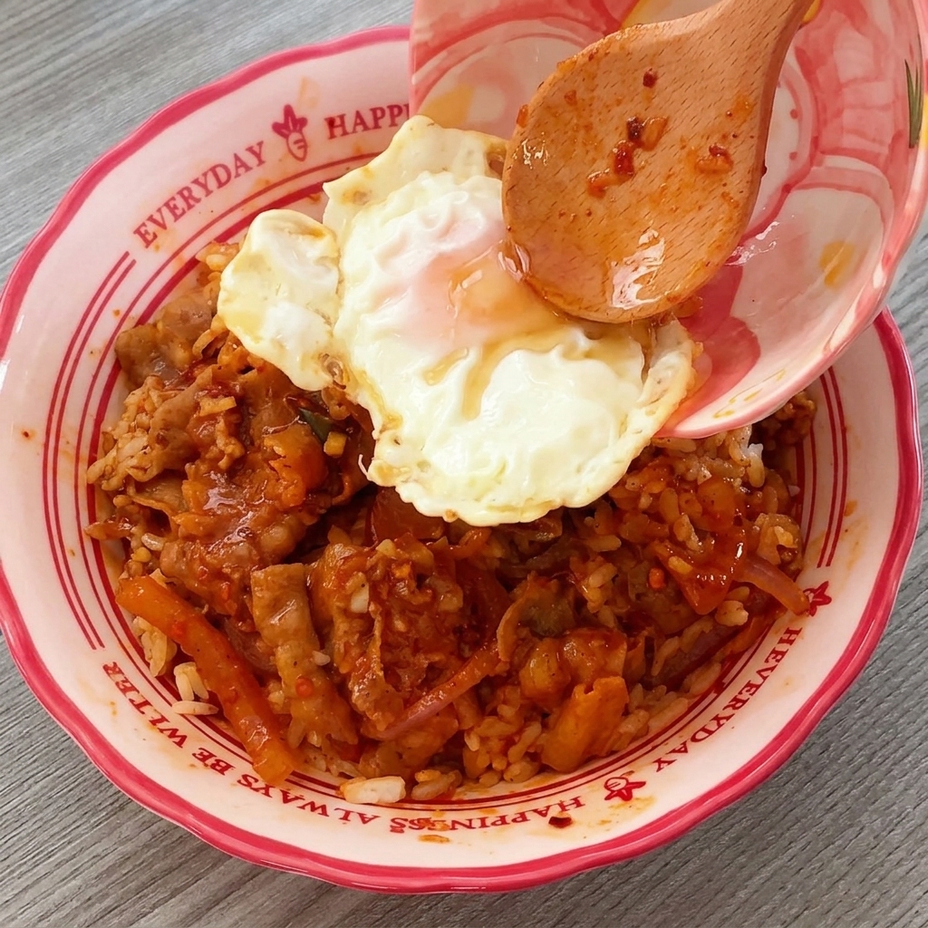 Una cuchara de madera colocando un huevo frito sobre el bol de arroz con ternera y kimchi.
