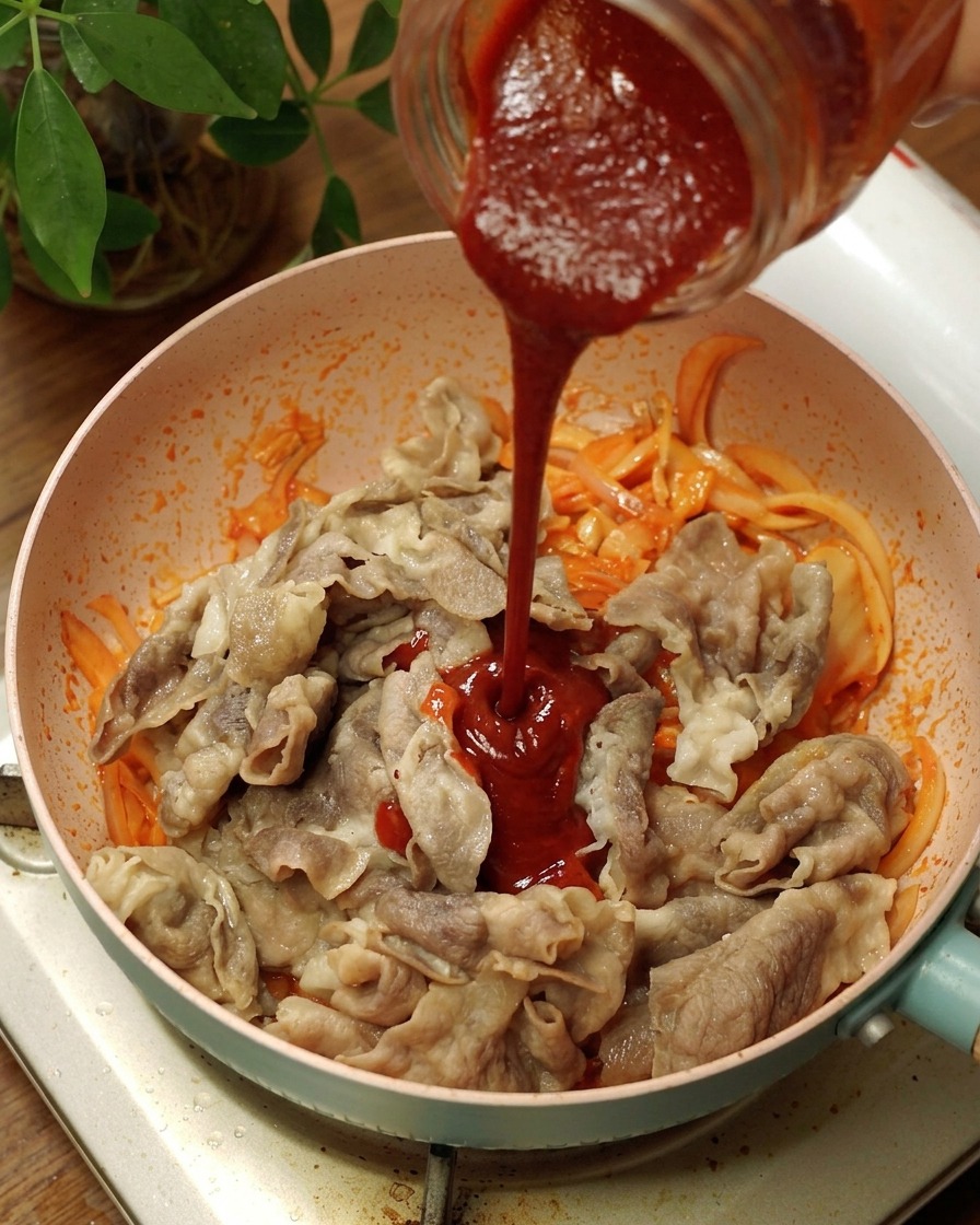 Pasta de chile coreana roja y espesa vertiéndose sobre la ternera, cebollas y kimchi en una sartén.