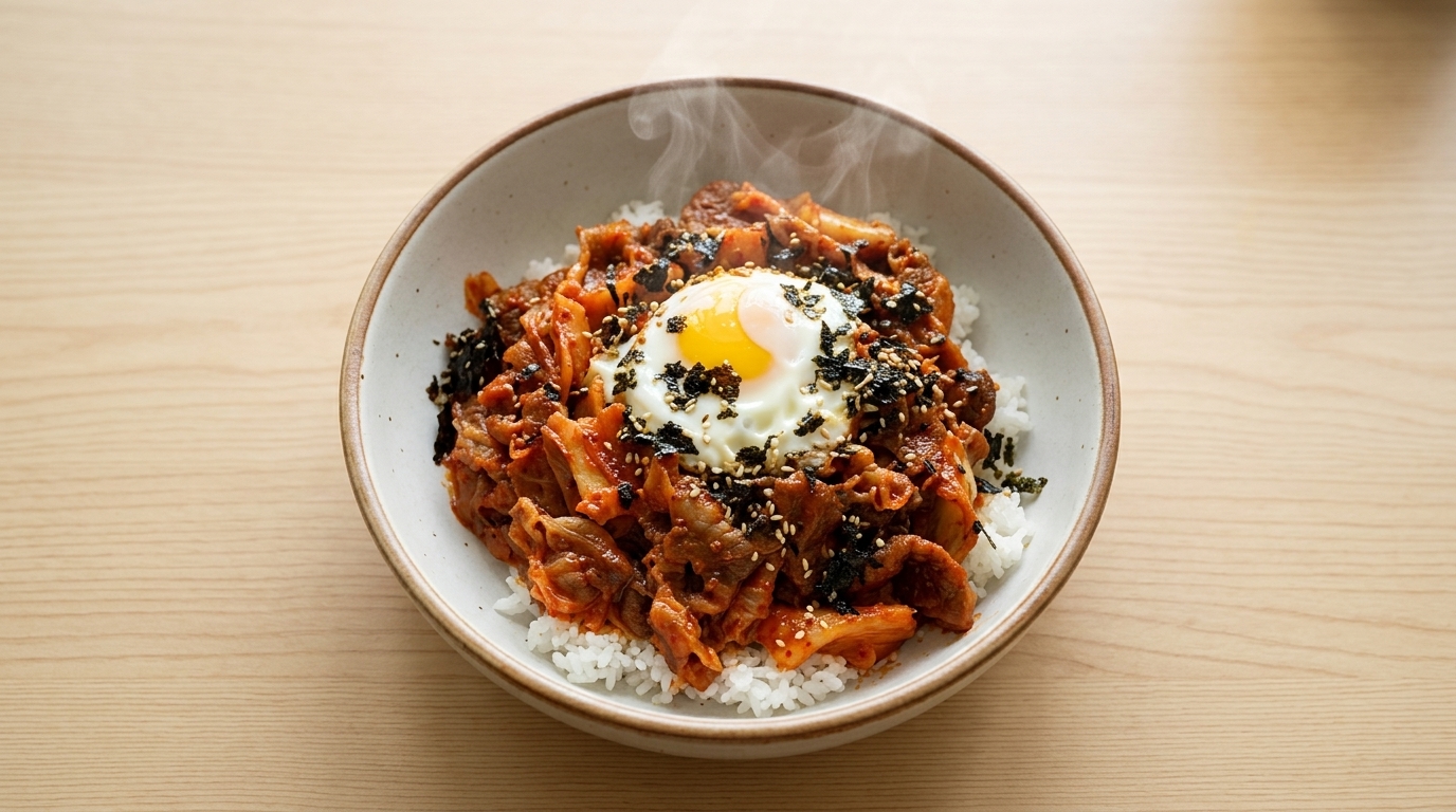 Bol de arroz con ternera y kimchi picante