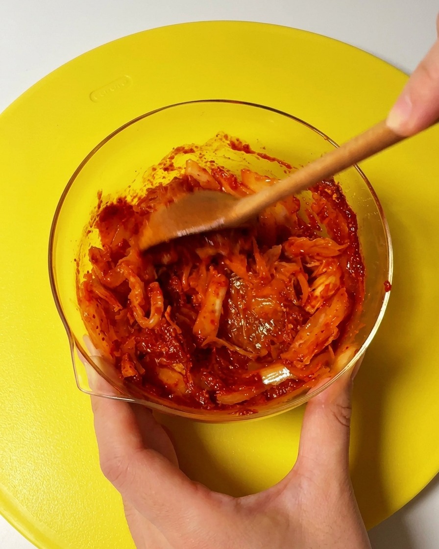 Cuchara de madera mezclando kimchi y pasta gochujang roja en un bol transparente.