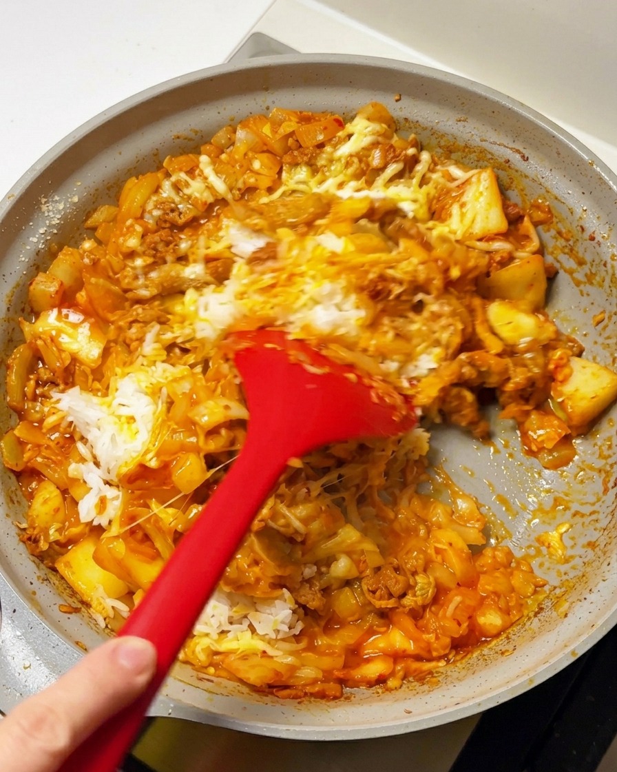 Espátula roja deshaciendo el arroz y mezclándolo con el salteado rojo de ternera y queso.
