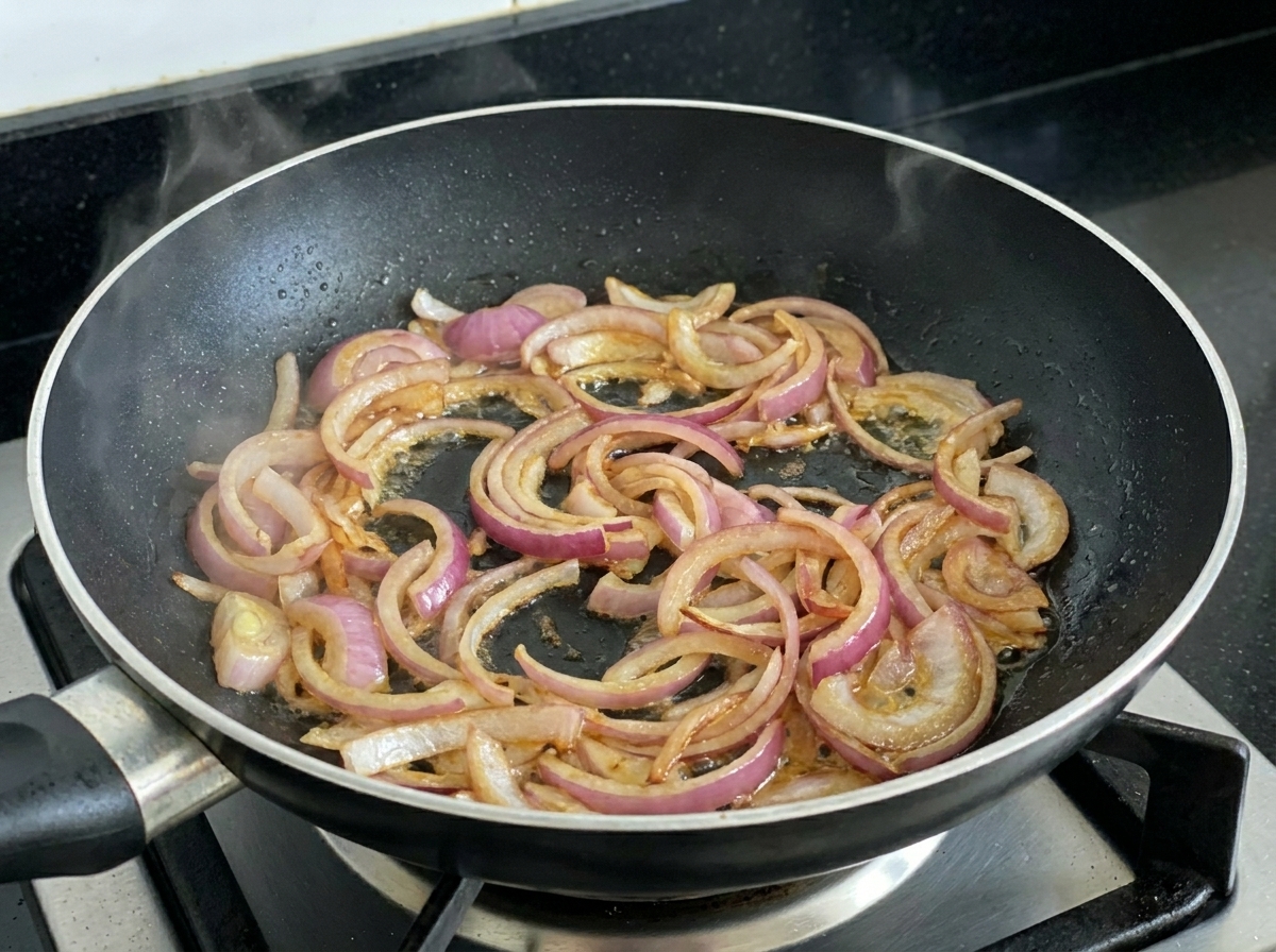 Cebollas rojas en láminas finas chisporroteando en una sartén negra, comenzando a ablandarse.