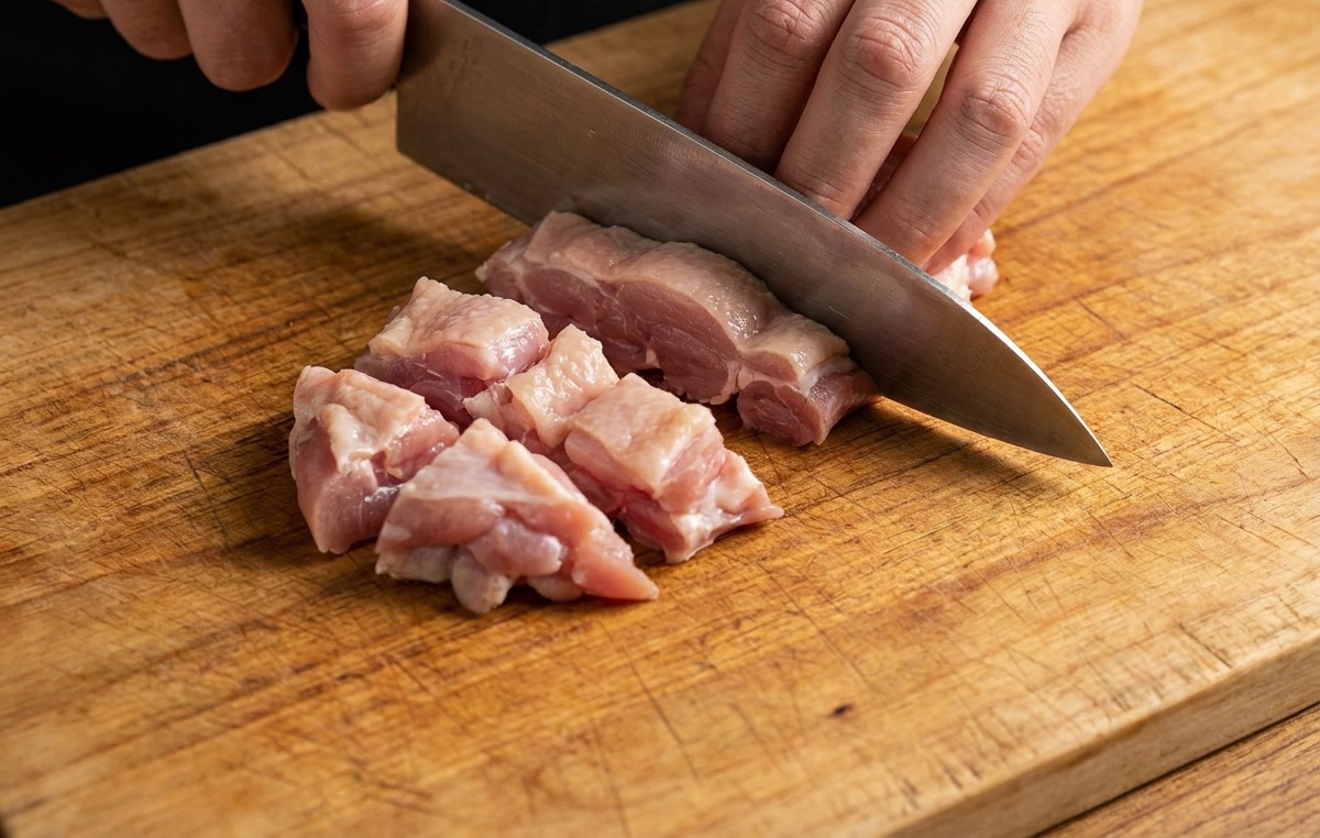 Cortando carne cruda de contramuslo de pollo en dados pequeños del tamaño de un bocado sobre una tabla de madera.