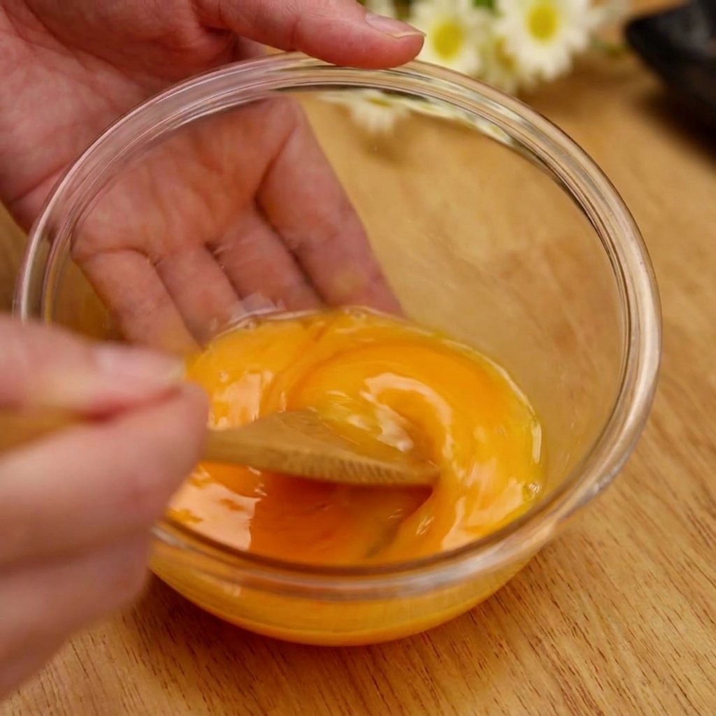 Batiendo dos huevos amarillos en un bol de cristal con palillos de madera hasta combinar ligeramente claras y yemas.