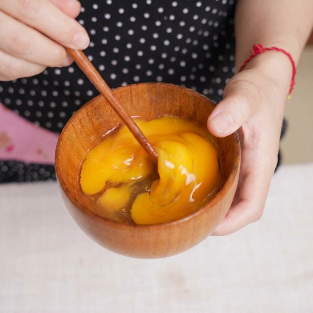 Manos usando palillos de madera para batir huevos crudos ligeramente en un pequeño bol de madera.