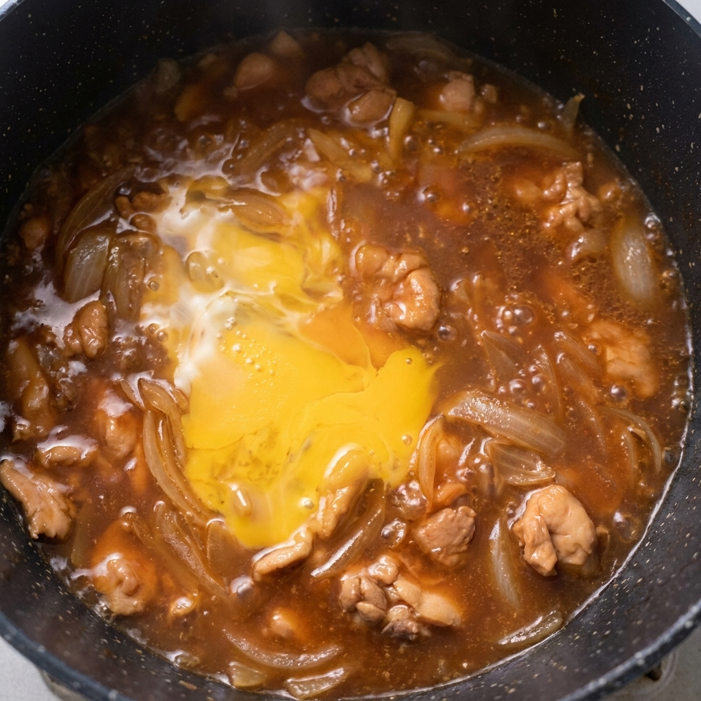 Una capa de huevo parcialmente cocida hirviendo junto con pollo y cebollas en una sartén.