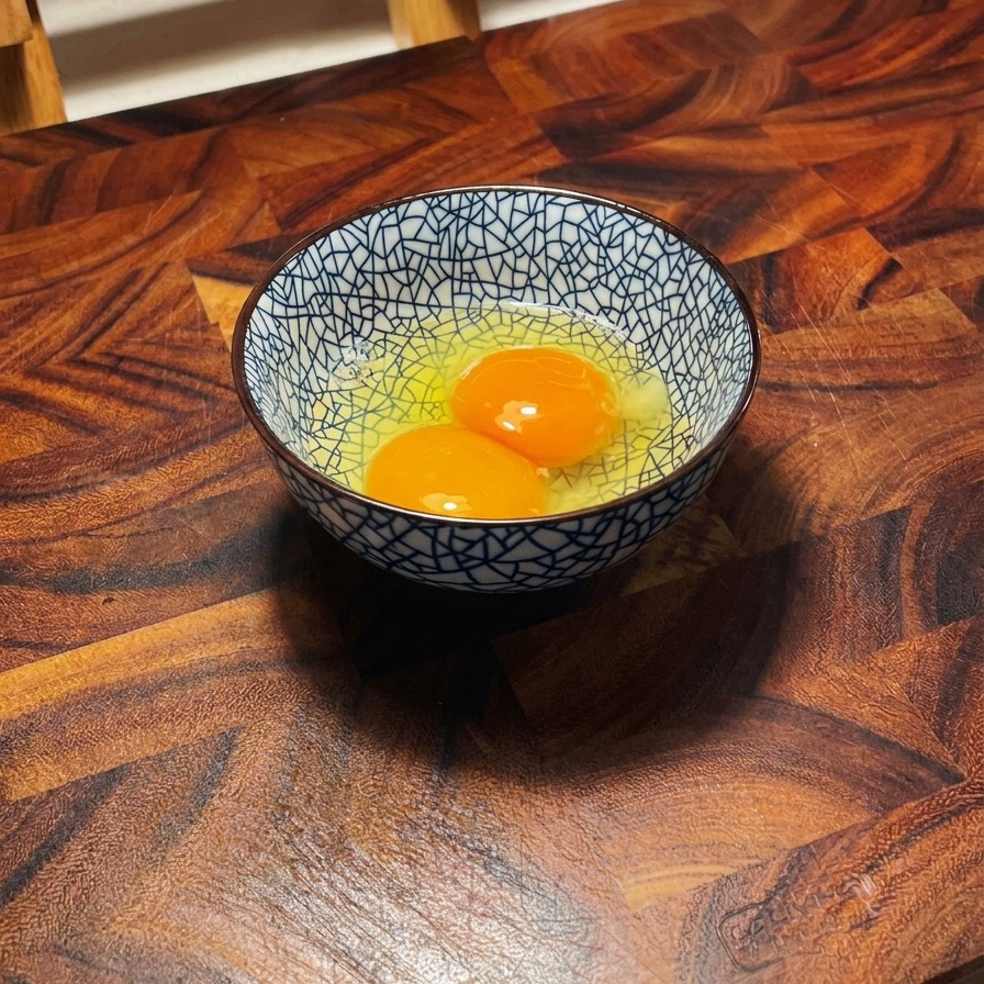 Dos yemas de huevo crudas en un cuenco de cerámica azul y blanco sobre una superficie de madera.