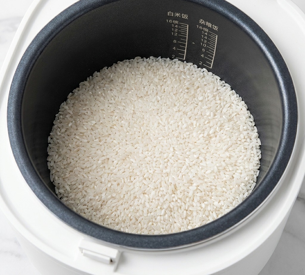 Una mano vertiendo salsa de soja clara desde una botella de vidrio en una arrocera con arroz blanco.