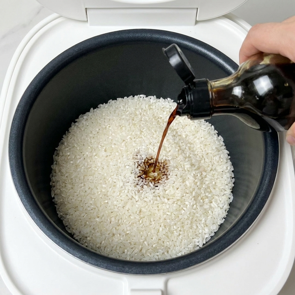Salsa de soja oscura cayendo sobre una cama de arroz blanco en el recipiente negro de la arrocera.
