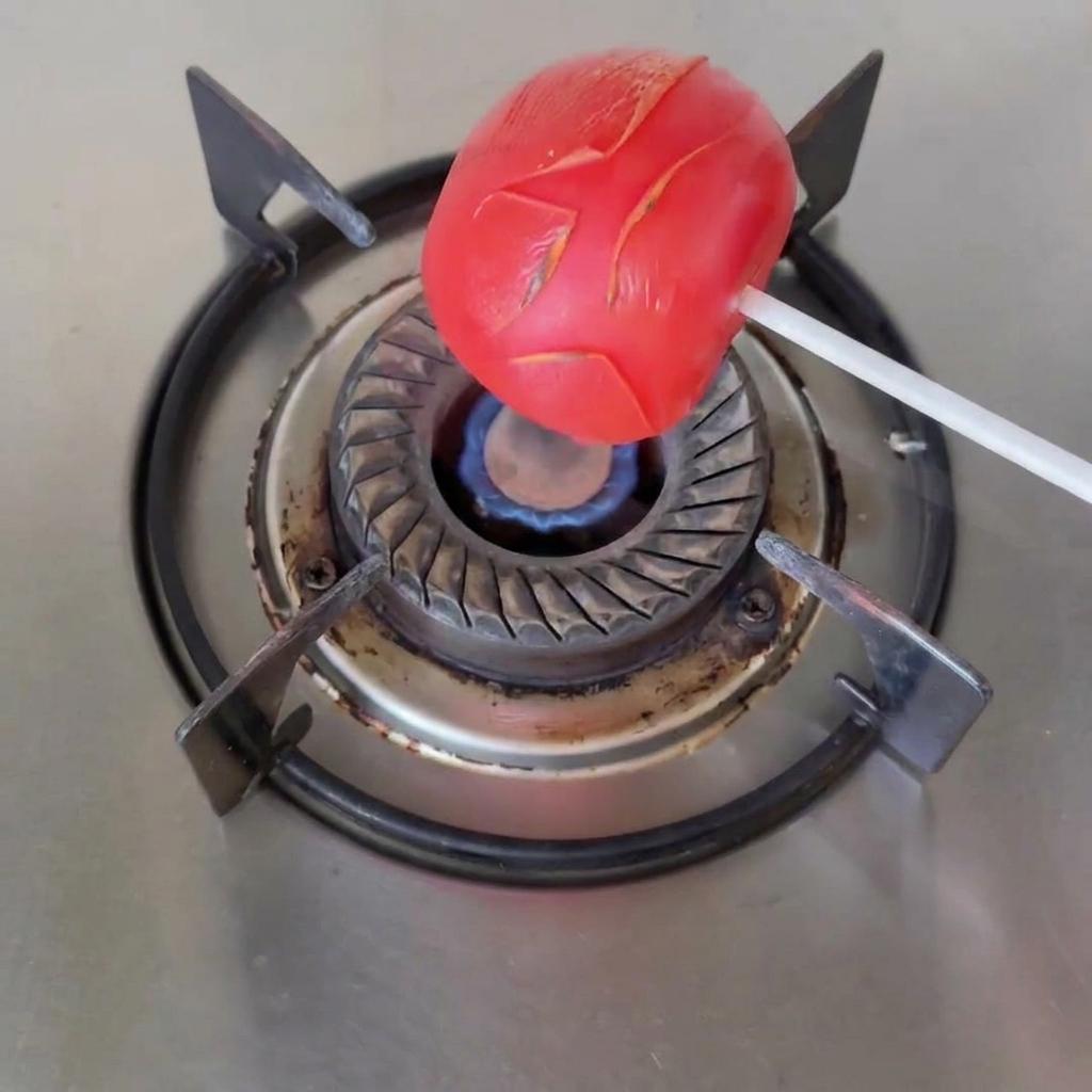Un tomate rojo entero ensartado en un palillo sobre la llama azul de un quemador de estufa de gas.