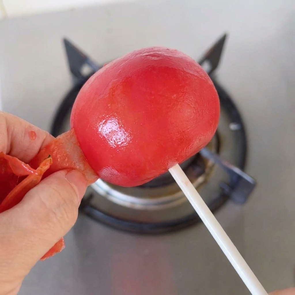 Manos pelando la fina piel quemada de un tomate rojo asado y suave sobre la estufa.