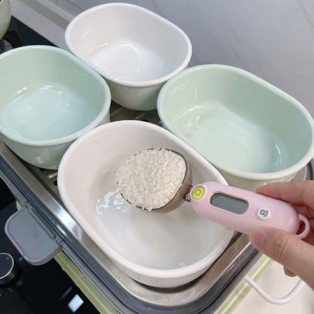 Una cuchara medidora digital rosa vertiendo granos de arroz blanco en un pequeño cuenco de cerámica blanca en una bandeja de vaporera.