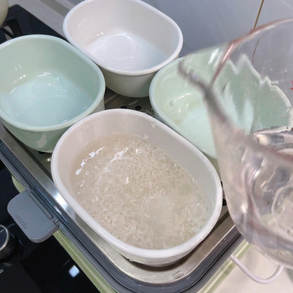 Agua vertiéndose desde una jarra medidora de cristal en un bol que contiene arroz blanco.