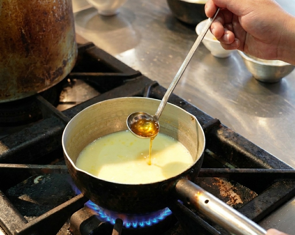 Aceite de color naranja rojizo vertiéndose desde un pequeño cucharón metálico en un cazo con caldo amarillo.
