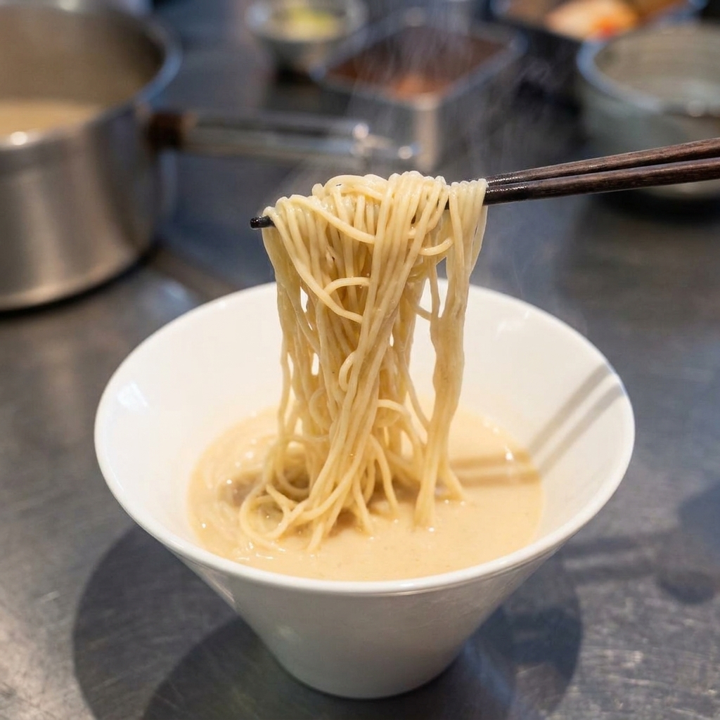 Un nido de fideos pálidos siendo ajustado con palillos dentro de un bol blanco con caldo cremoso.