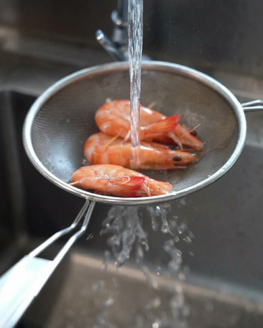 Chorro de agua fría de un grifo enjuagando tres gambas cocidas naranjas en un colador sobre el fregadero.