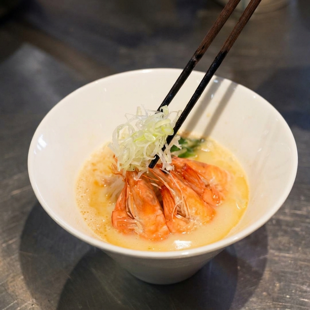 Cebolleta blanca cortada en juliana fina apilándose sobre las gambas cocidas en el bol de ramen.