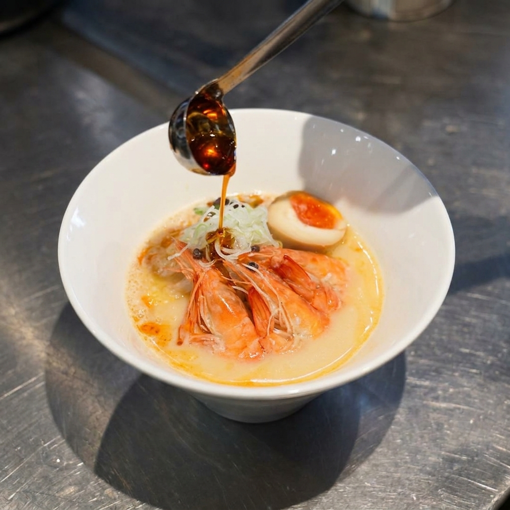 Un pequeño cucharón vertiendo aceite aromático rojo sobre un bol terminado de ramen paitan de gambas.