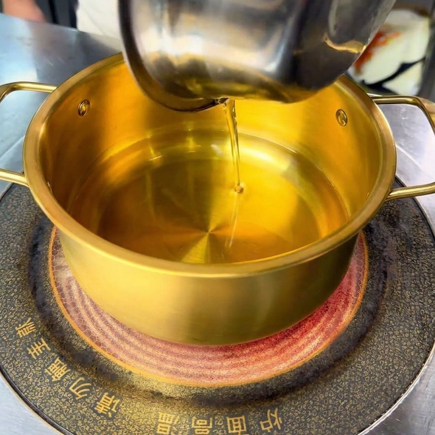Cebolletas picadas y ajo cayendo en el aceite caliente dentro de la olla dorada.