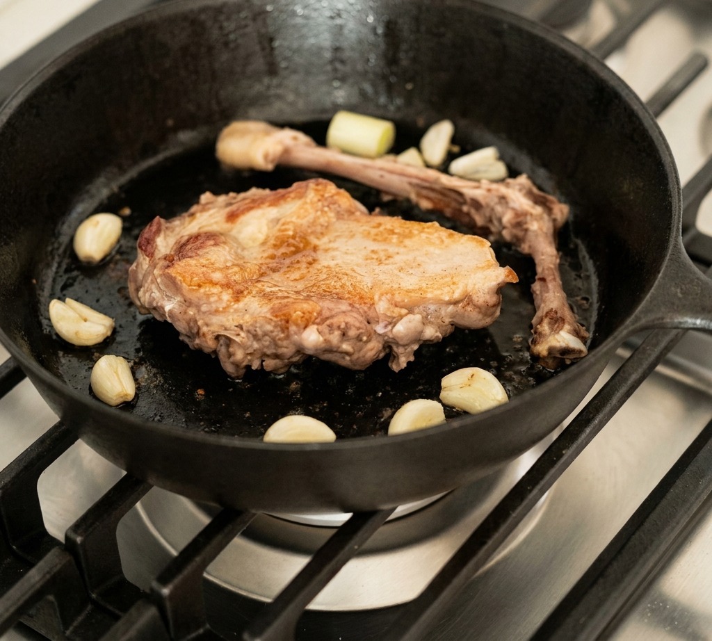 Rodajas de puerro y láminas de ajo esparcidas alrededor de un muslo de pato sellado en una sartén negra.