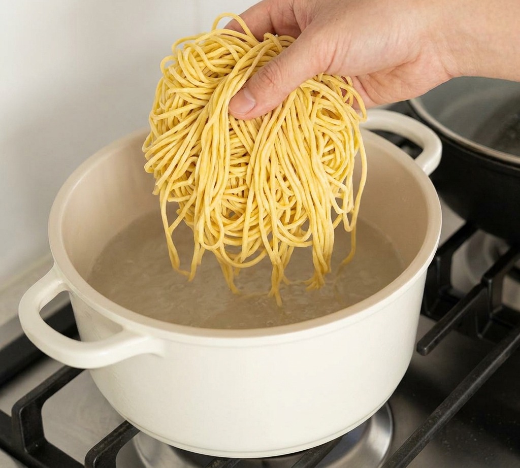 Una mano dejando caer un nido de fideos ramen amarillos frescos en una olla con agua hirviendo.
