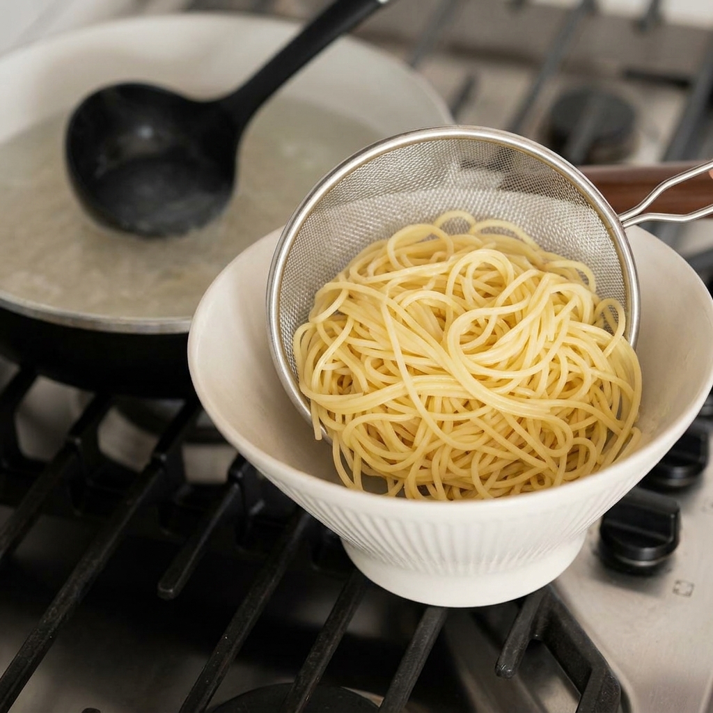 Primer plano de fideos ramen amarillos escurriéndose en un colador y siendo colocados en un bol de cerámica blanca.