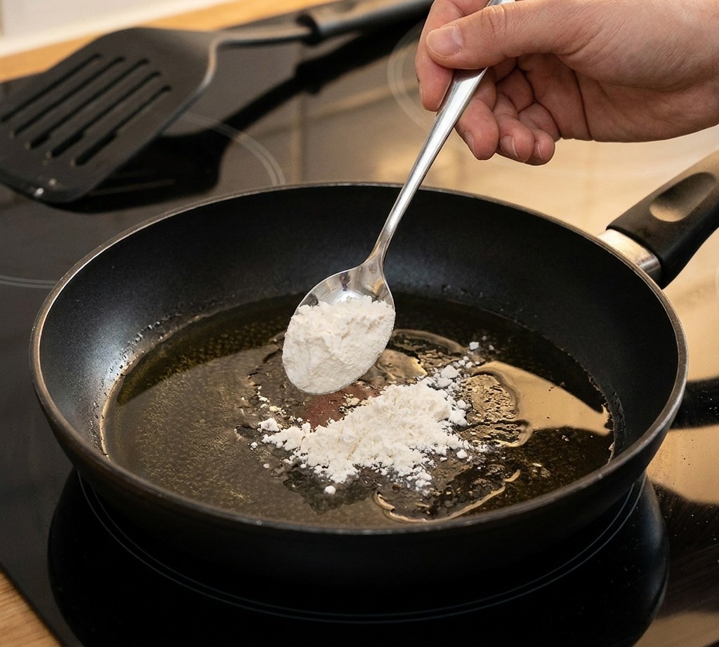 Una cuchara de metal añadiendo harina blanca a una sartén pequeña con aceite sobre una placa de inducción.