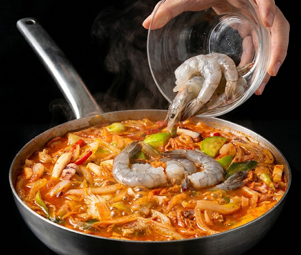 Camarones crudos de color gris añadiéndose a una olla de Jjamppong con verduras y calamares.
