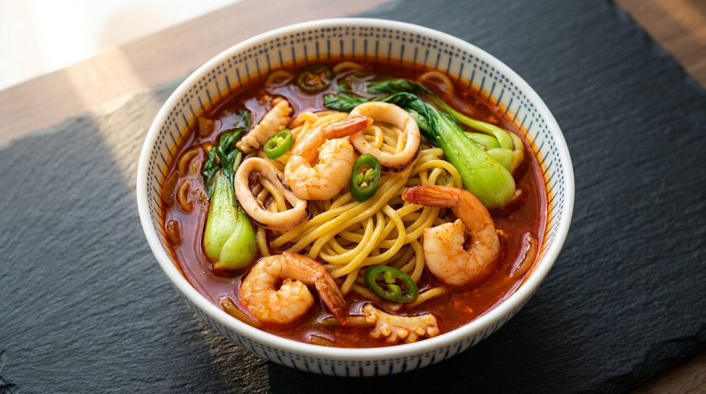 Jjamppong (Sopa Coreana Picante de Mariscos y Fideos)