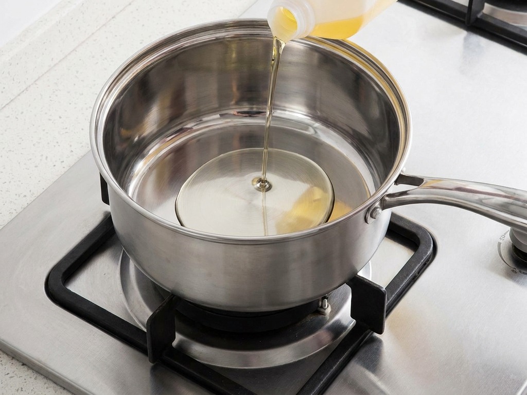 Aceite vegetal vertiéndose desde una jarra de plástico en una olla de acero inoxidable sobre un fuego de gas.