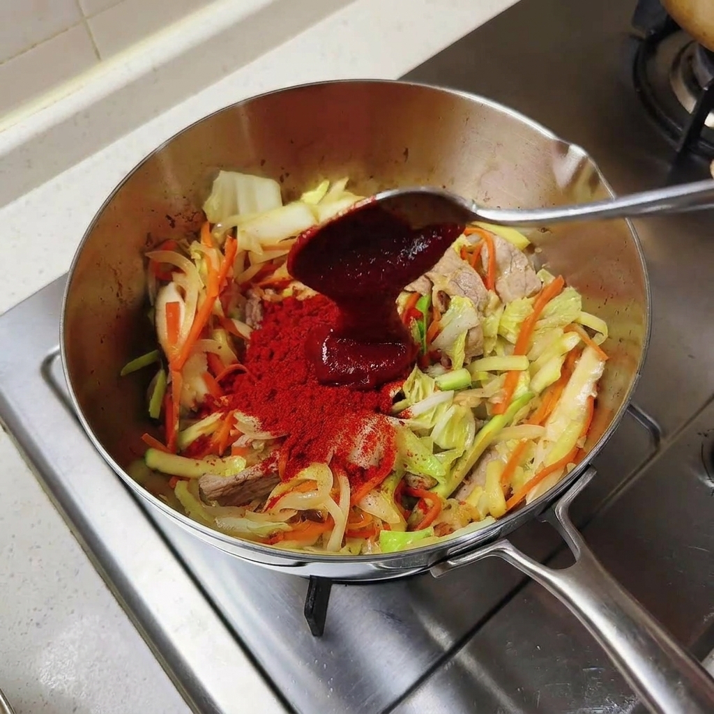 Una cuchara añadiendo pasta Gochujang roja oscura a una sartén con verduras y chile en polvo.