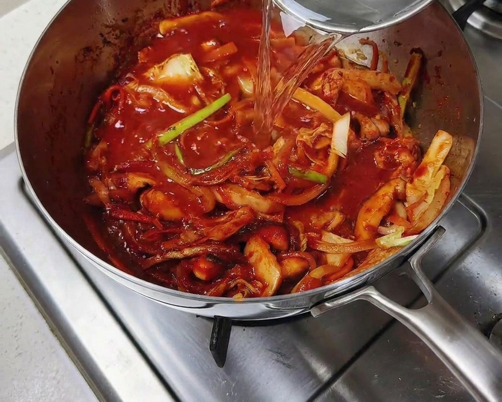 Agua vertiéndose desde un cazo metálico en una olla de acero inoxidable con un sofrito de cerdo y verduras rojizo.