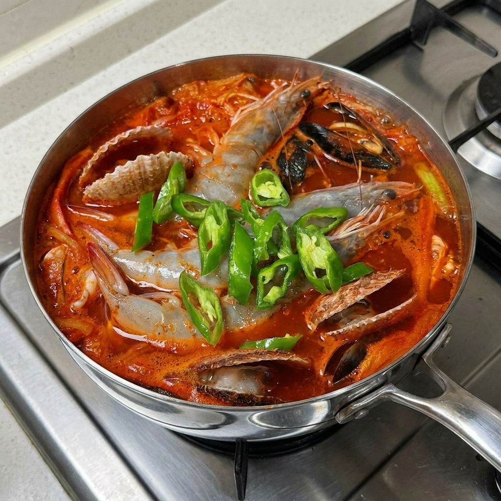 Chiles verdes frescos laminados sobre langostinos y mejillones en una sopa roja picante hirviendo.