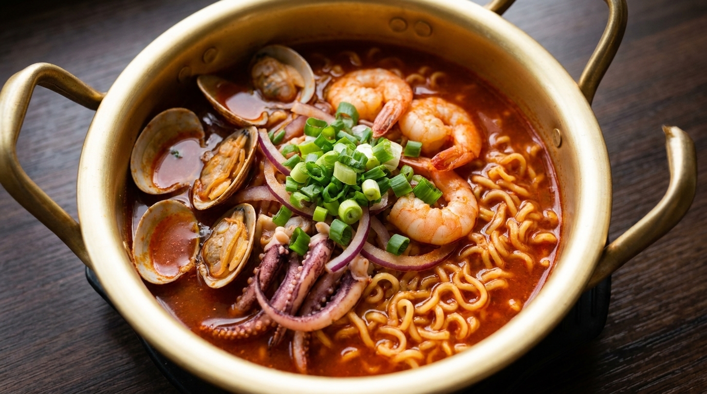 Shin Ramyun de mariscos picante con almejas frescas y langostinos