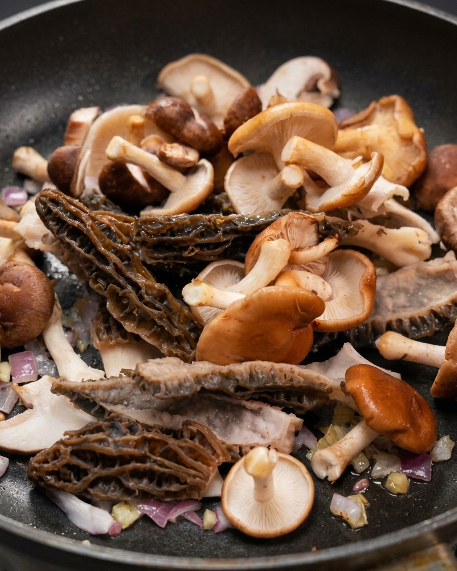 Mezcla de colmenillas y shiitakes saltándose con cebolla roja en una sartén.